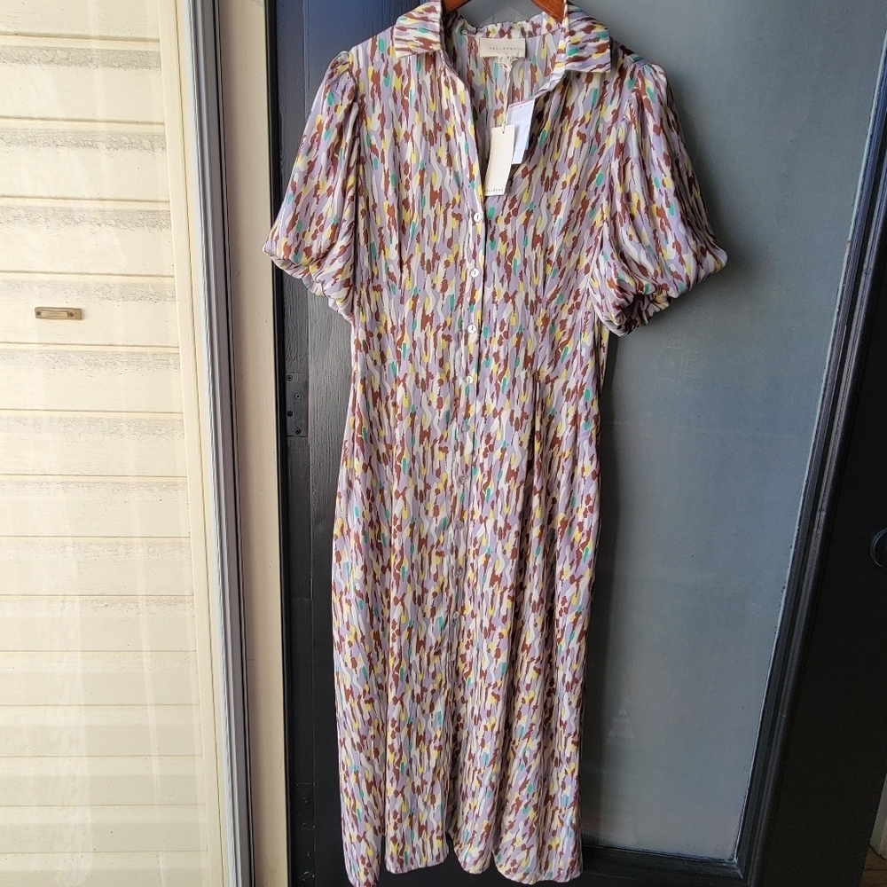 MELLODAY Puff Sleeve Satin Shirtdress Small Maxi Dress Button Down Purple Green - Picture 2 of 14